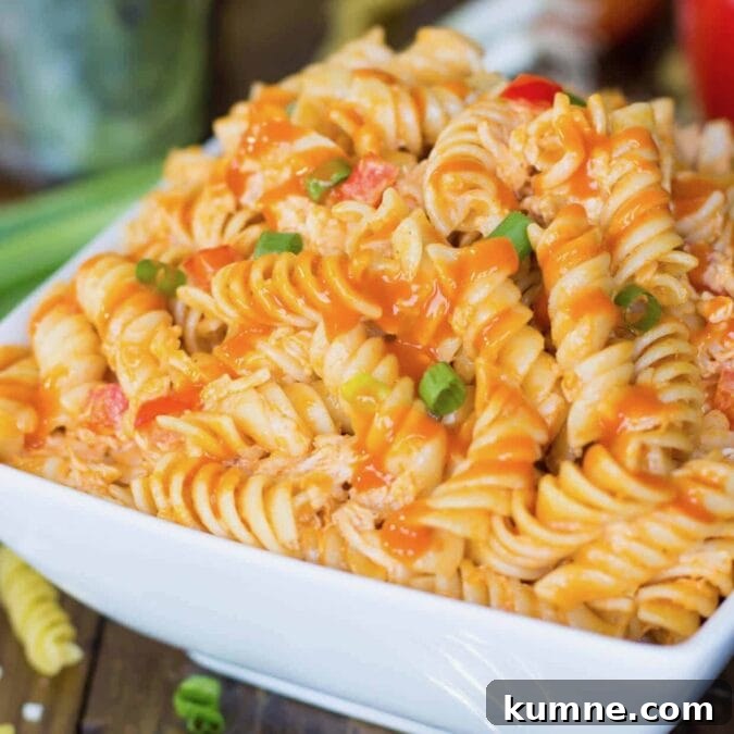 Buffalo chicken pasta salad in a large serving bowl.
