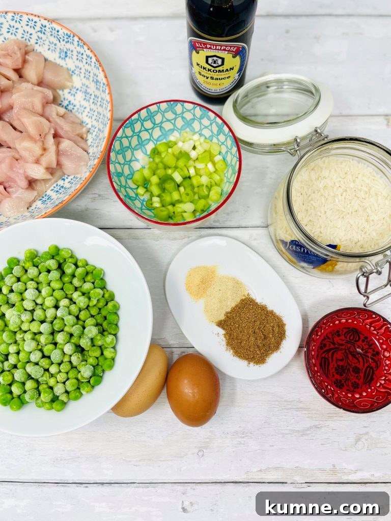 Chicken Fried Rice Recipe: Quick Homemade Takeout-Style Meal 3 Ingredients for chicken fried rice including chicken, peas, eggs, spring onions, soy sauce and rice