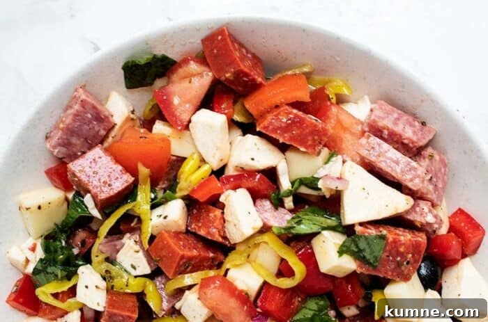 Keto Cucumber and Bacon Salad with Creamy Dill Dressing 10 closeup of keto antipasto salad served in a salad bowl
