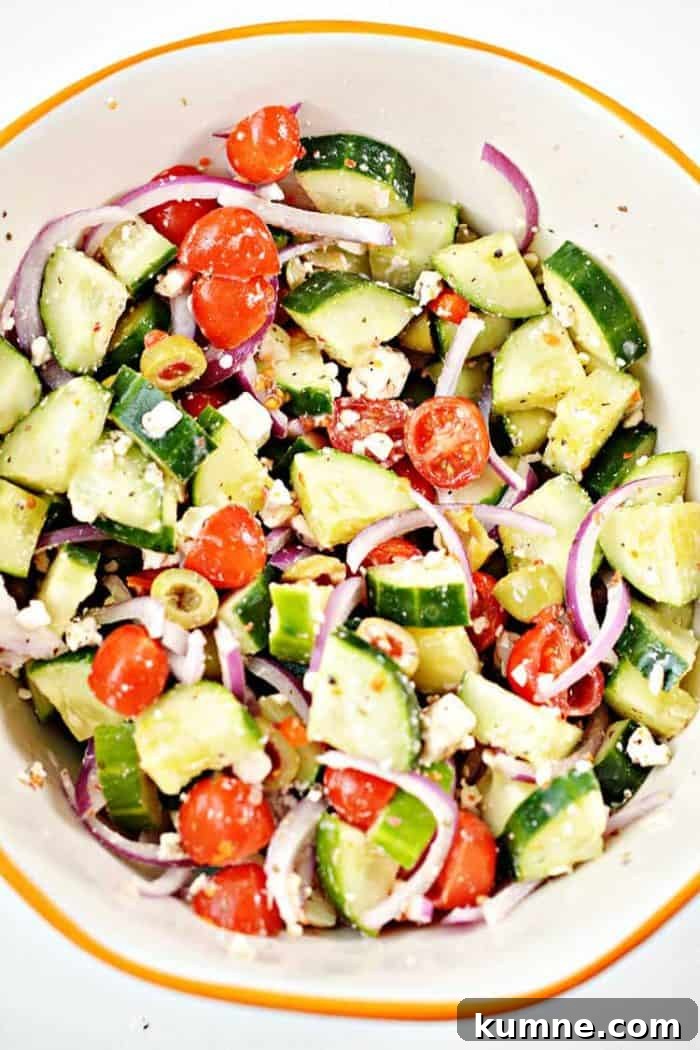 Keto Cucumber and Bacon Salad with Creamy Dill Dressing 12 overhead view of keto greek salad in a large bowl