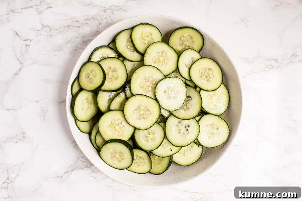 Keto Cucumber and Bacon Salad with Creamy Dill Dressing 4 overhead view of large bowl containing sliced cucumbers keto seasoned with salt