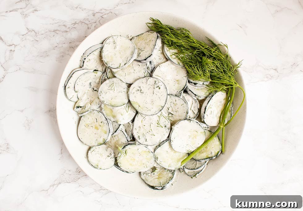 Keto Cucumber and Bacon Salad with Creamy Dill Dressing 6 overhead view of large off-white bowl containing cucumbers with dill on the side