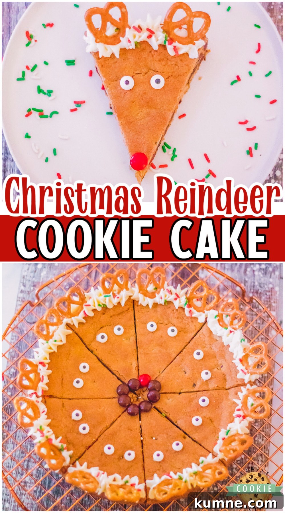 Reindeer Cookie Cake Recipe: Festive No-Bake Holiday Dessert 8 Christmas Reindeer Cookie Cake made with chocolate chip cookie dough & topped with simple candy to look like reindeer! Easy, festive holiday cookie cake that's Rudolph approved!