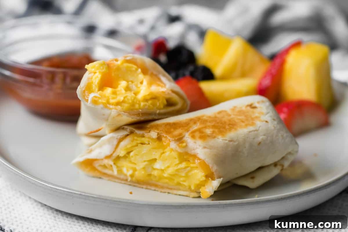 cheesy breakfast burrito on a plate with fruit and salsa