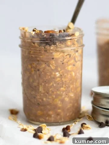 chocolate overnight oats in a mason jar with chocolate chips and oats around it