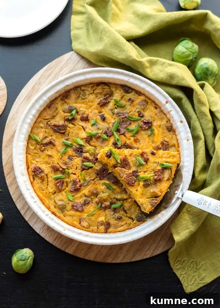 Savory, filling and delicious, this Crustless Bacon Brussels Quiche is easy-to-make and great for brunch or dinner! #vegan #vegetarian #glutenfree @Veganyackattack