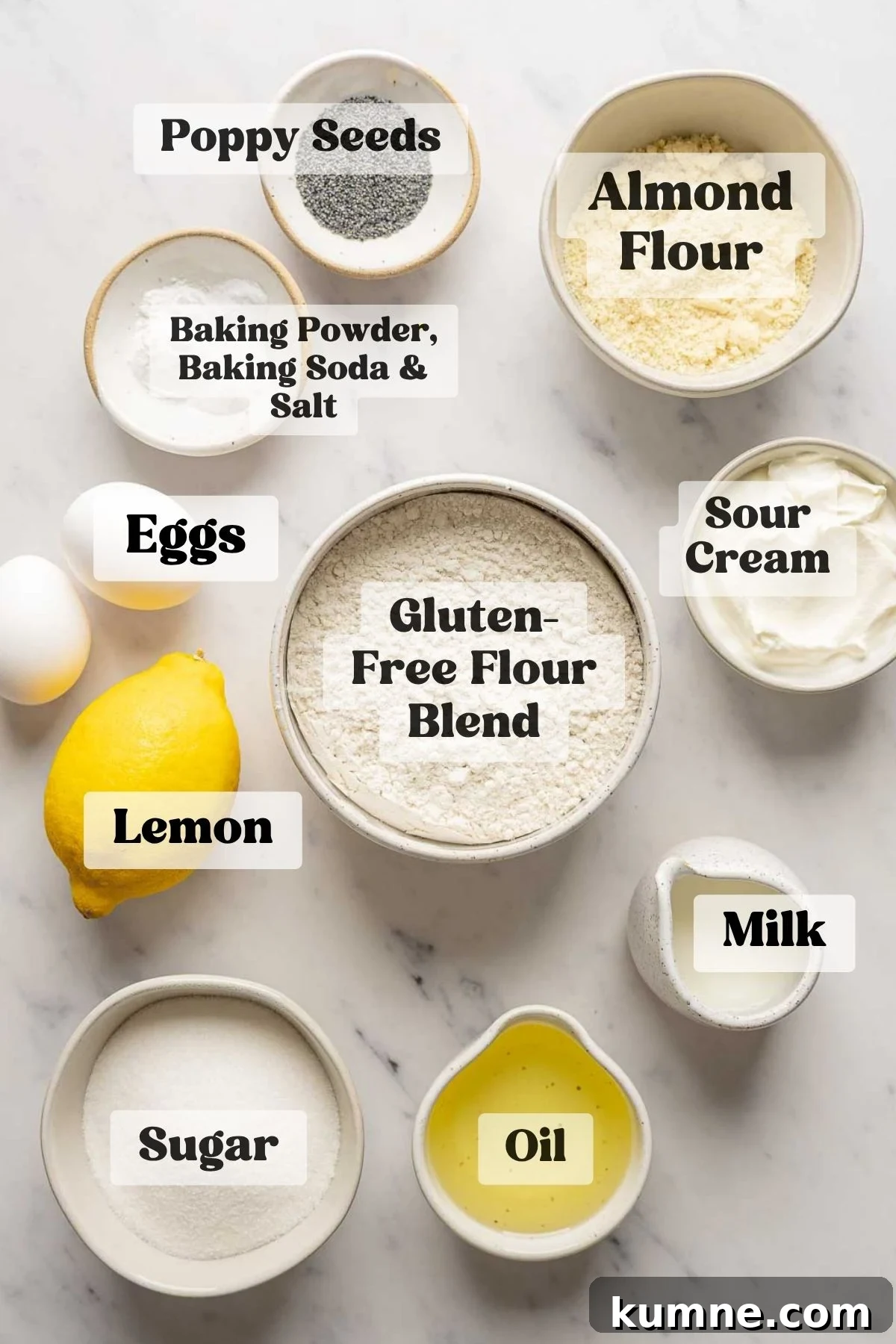 Gluten-Free Lemon Poppy Seed Muffins Recipe for Moist, Zesty Bites 4 Labeled ingredients for lemon poppy seed muffins including flours, eggs, sugar, oil, and lemon.