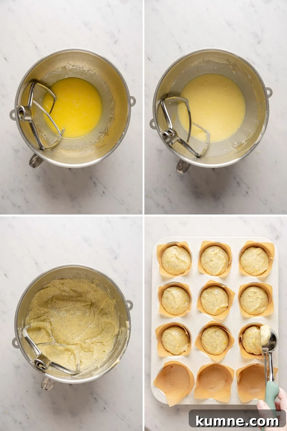 Gluten-Free Lemon Poppy Seed Muffins Recipe for Moist, Zesty Bites 5 Mixing wet ingredients, then combined batter with poppy seeds in stand mixer bowl, scooping muffin batter into lined tin cups using a cookie scoop.