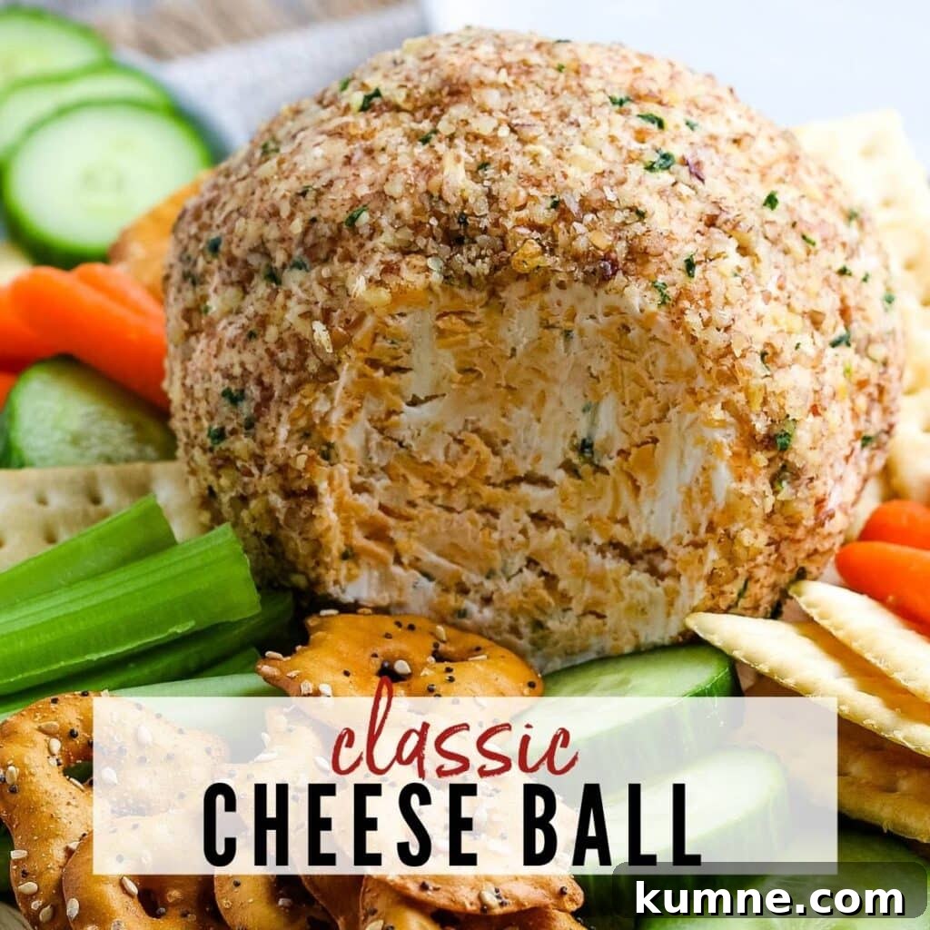 Close up of a cheese ball rolled in pecans next to veggies and crackers.
