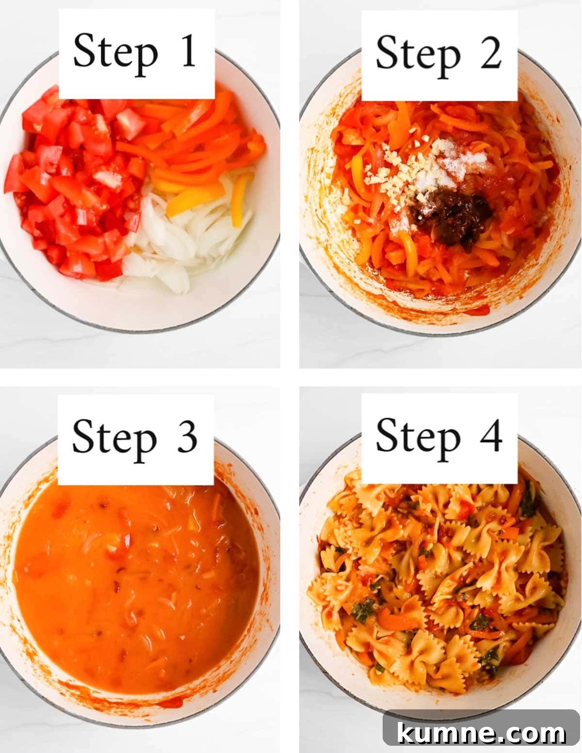 Four-step collage showing ingredients, cooking, sauce, and finished pasta.