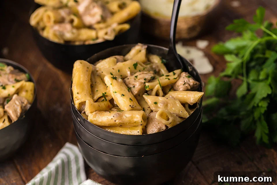 Penne pasta with chicken in black bowls.