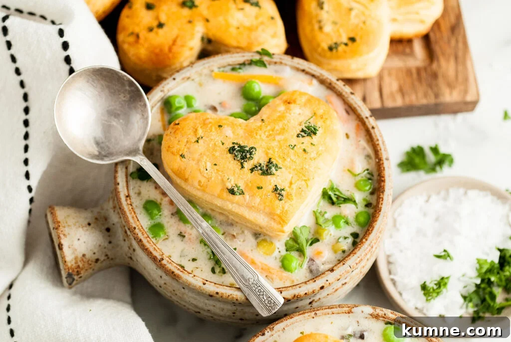Chicken pot pie soup with a heart shaped biscuit on top.
