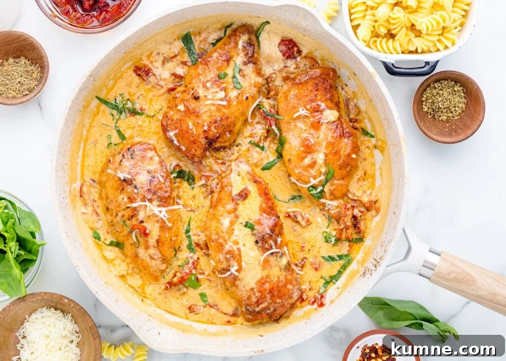 Overhead view of a skillet with marry me chicken.