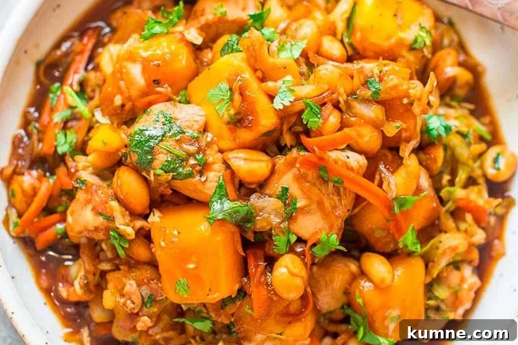 A plate with mango chicken.