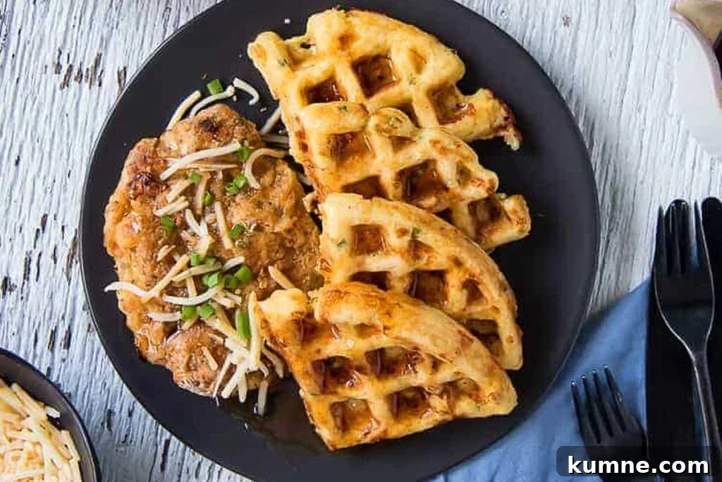 Cheesy Hot Chicken and Waffles on a plate.