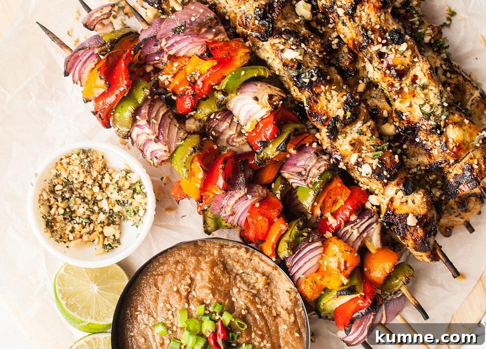 Thai spicy basil chicken skewers.
