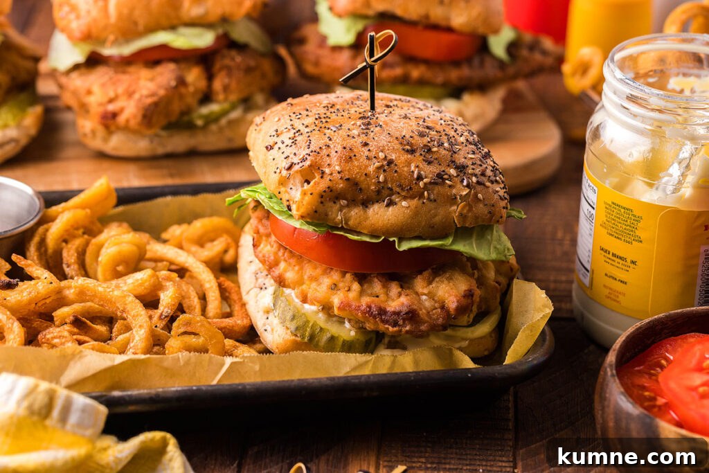 A homemade fried chicken sandwich with fries.