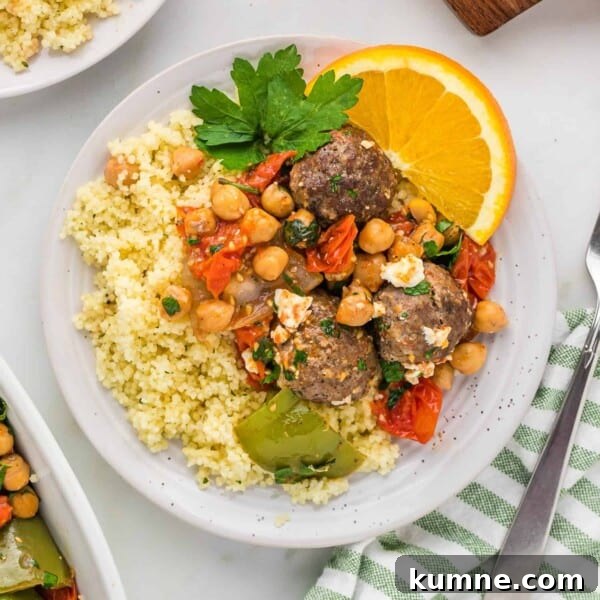 Crispy Air Fryer Italian-Style Meatballs Recipe 16 Plate of couscous and moroccan meatballs with chickpeas.