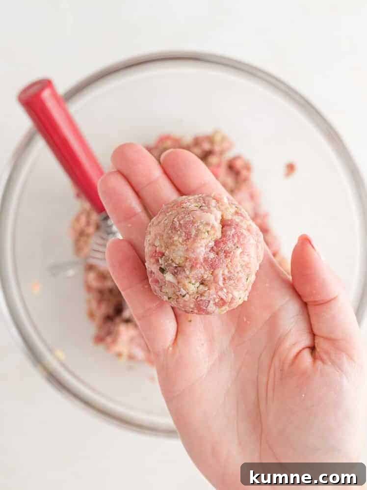 Crispy Air Fryer Italian-Style Meatballs Recipe 10 Meat, formed into a ball.