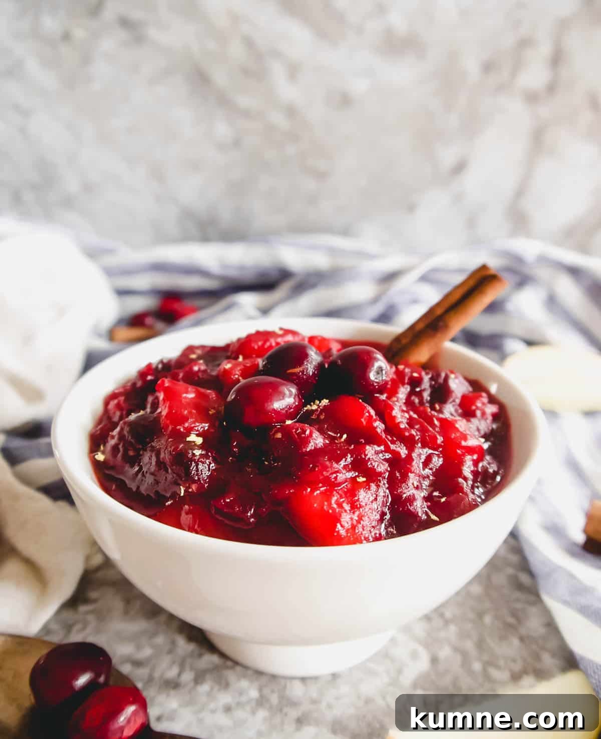 Homemade Cranberry Apple Sauce Recipe for Thanksgiving 2 Cranberry apple sauce in a bowl with a cinnamon stick in it.