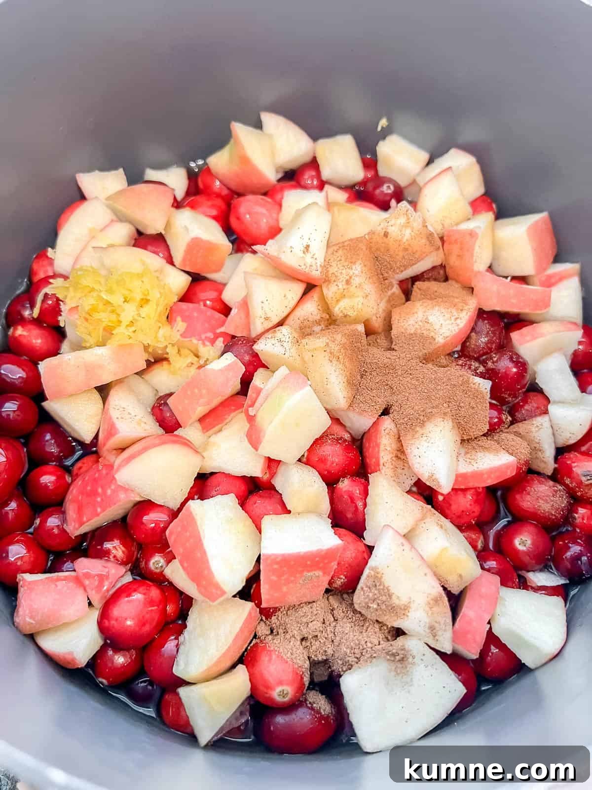 Homemade Cranberry Apple Sauce Recipe for Thanksgiving 4 Cran-apple sauce ingredients in a pan.