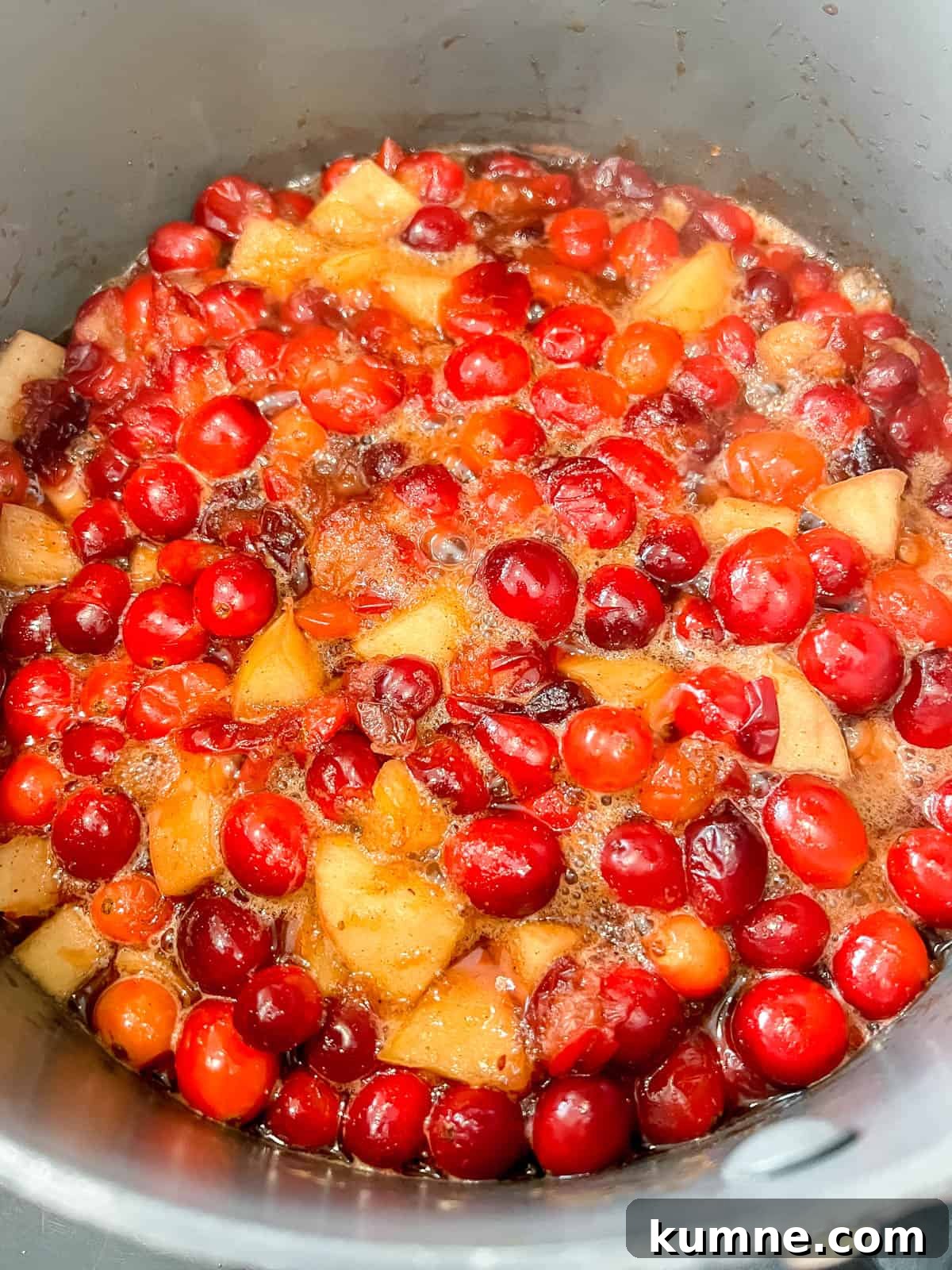 Homemade Cranberry Apple Sauce Recipe for Thanksgiving 6 Cranberry sauce cooking in a pan.