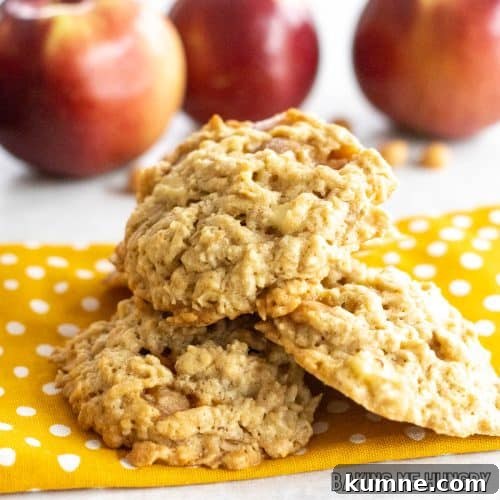 caramel apple oatmeal cookies on yellow polka dot napkin from side