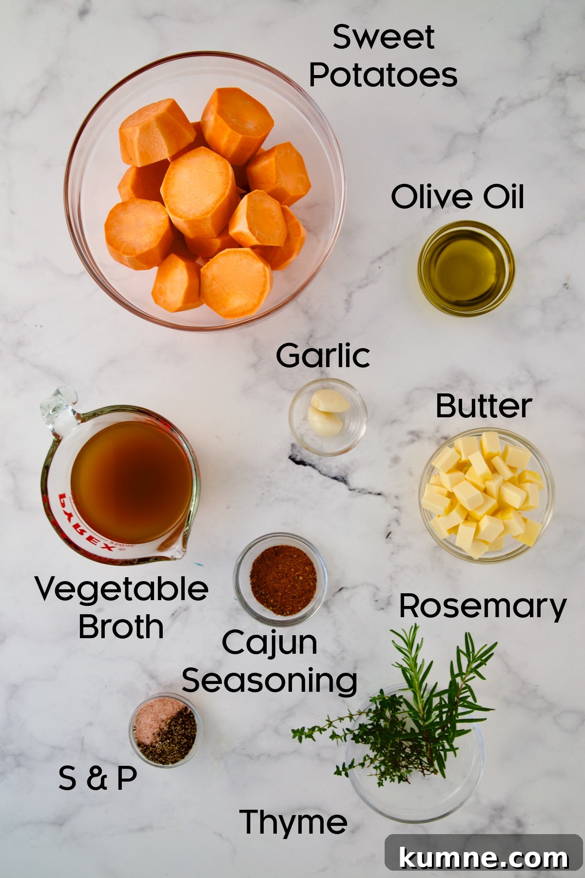 Ingredients for Fondant Sweet Potatoes in glass bowls.