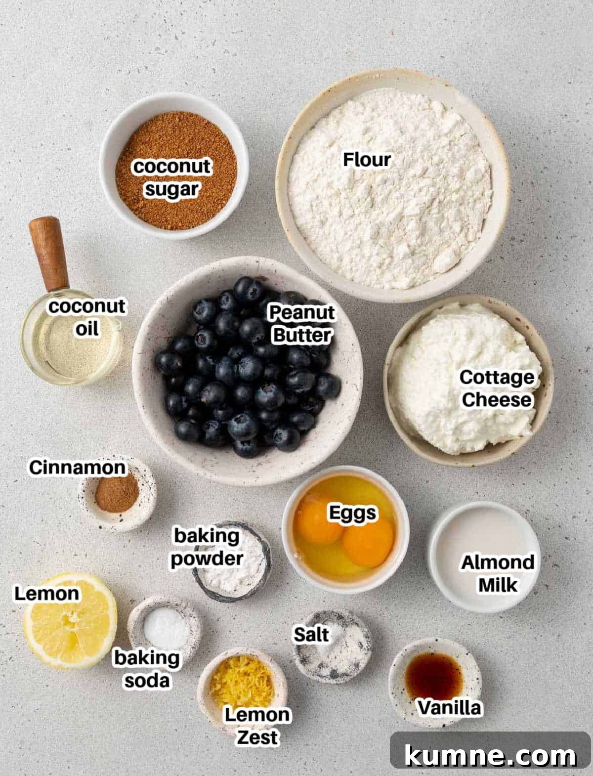 ingredients to make cottage cheese blueberry muffins.