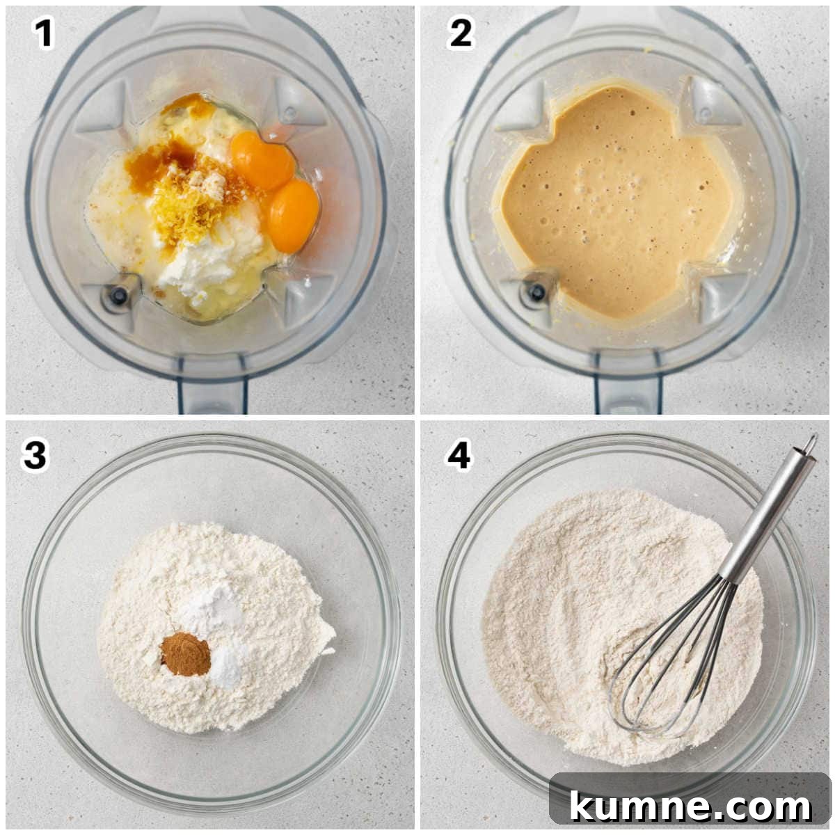 process shots showing making the egg and yogurt mixture, and the flour mixture in another bowl.