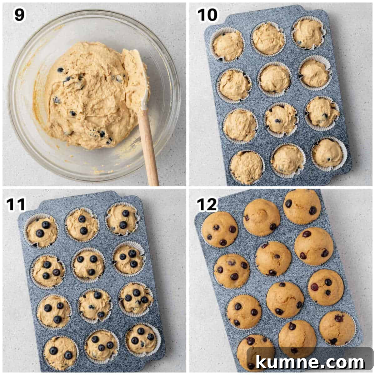 process shots showing adding the batter into muffin tins and baking in pan.