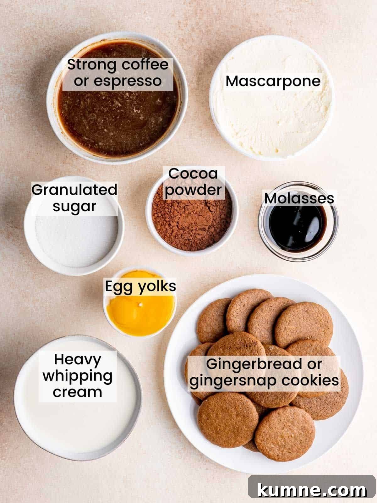 Gingerbread Tiramisu in Jar Recipes for Holiday Desserts 3 Gingerbread tiramisu ingredients labeled