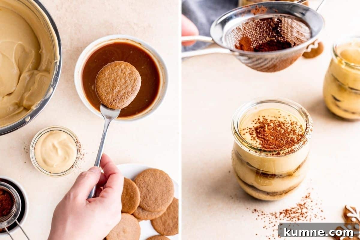 Gingerbread Tiramisu in Jar Recipes for Holiday Desserts 5 Dunking gingerbread cookies in espresso and sprinkling cocoa over the tiramisu