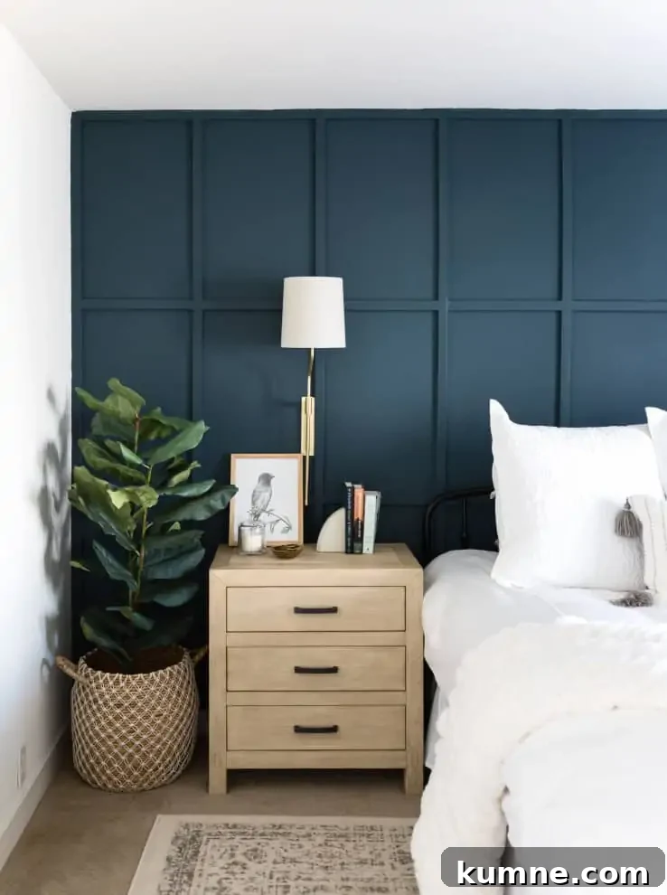 12 Gorgeous Board and Batten Bedroom Wall Ideas You’ll Love 6 large navy board and batten on a bedroom wall