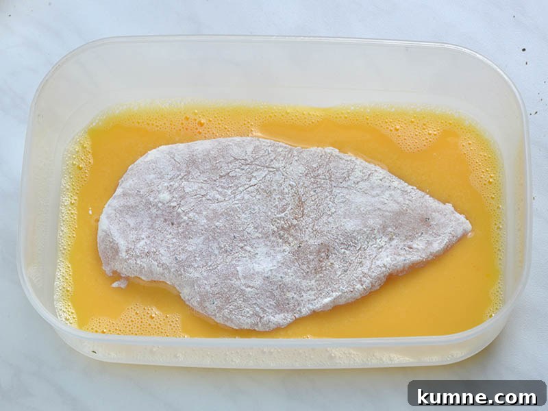 Chicken dipped in egg.