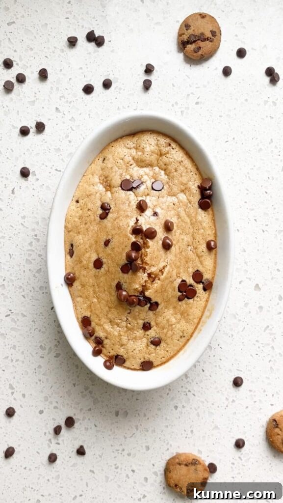 High-Protein Cookie Dough Baked Oats — Single-Serve (38g) 2 single serving cookie dough baked oats in casserole dish surrounded with mini chocolate chips