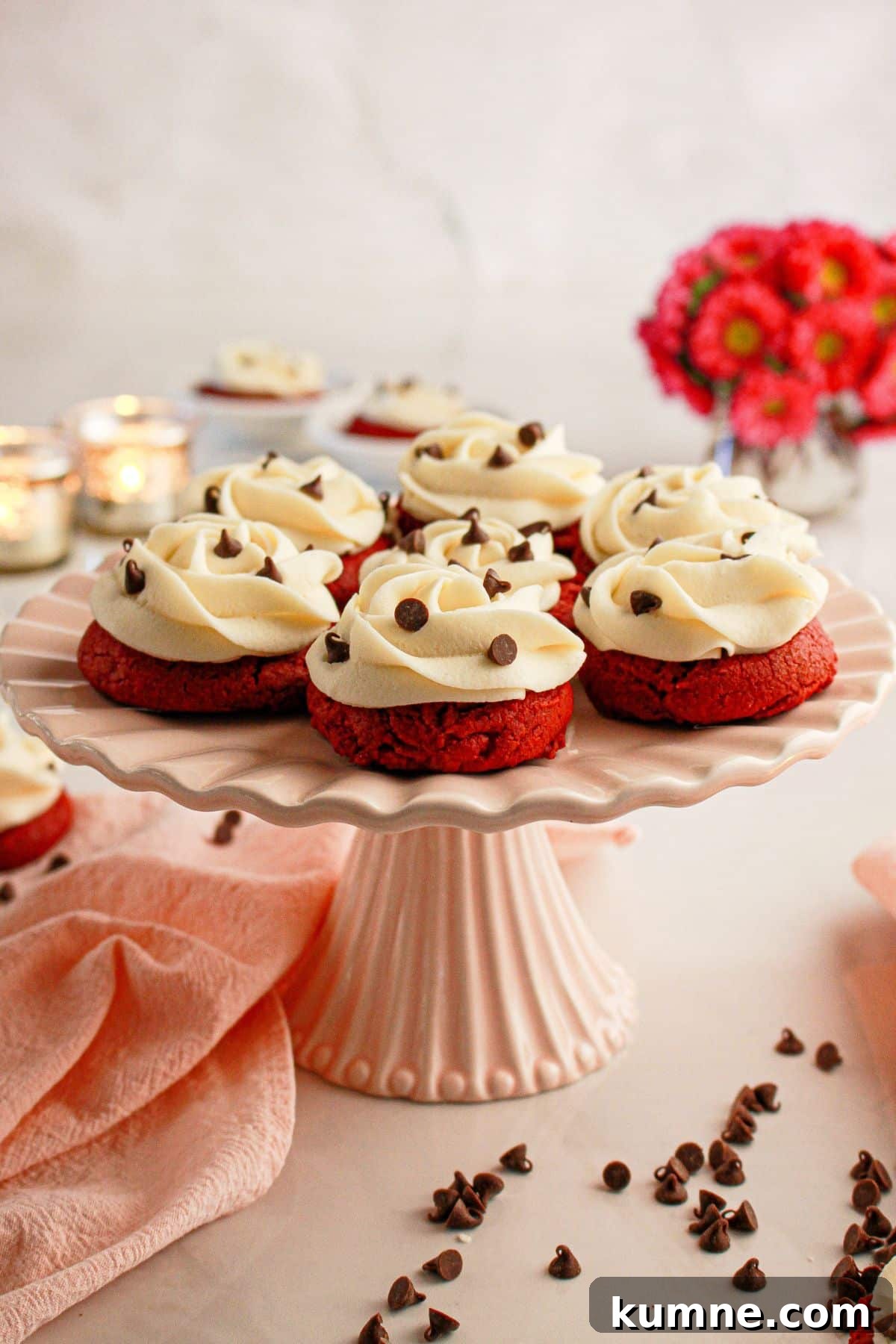 Red vevlet cookies on cookie platter.