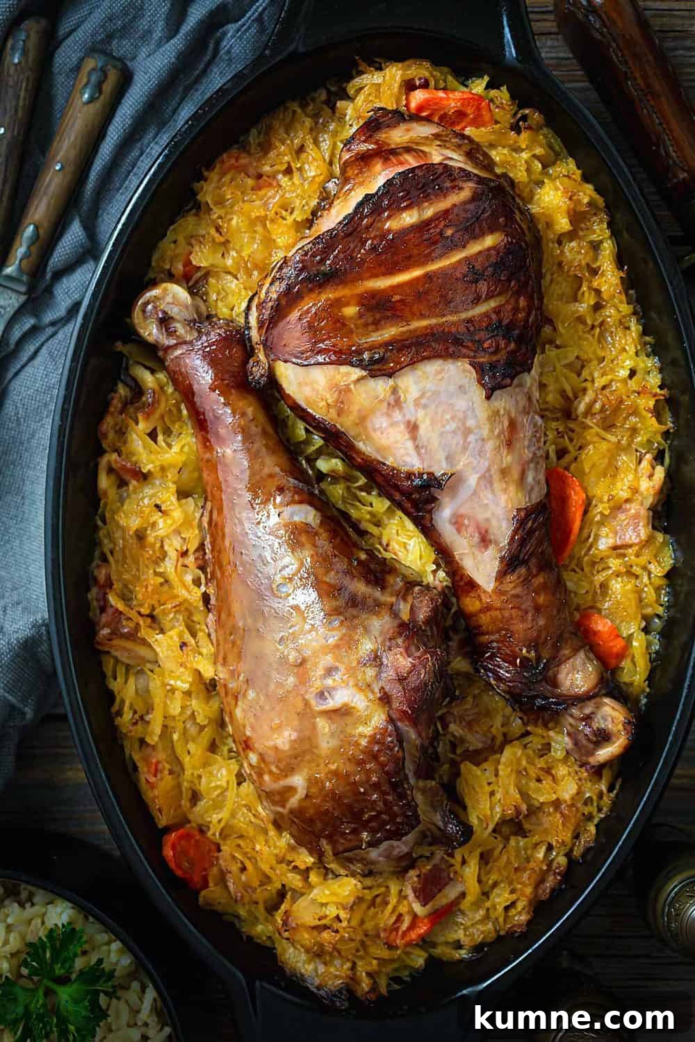 Authentic Serbian Baked Sauerkraut Recipe for Savory Comfort 6 A close up of baked sauerkraut Serbian-style with turkey legs