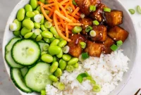 Soy-Garlic Tofu Rice Bowl with Crispy Vegetables