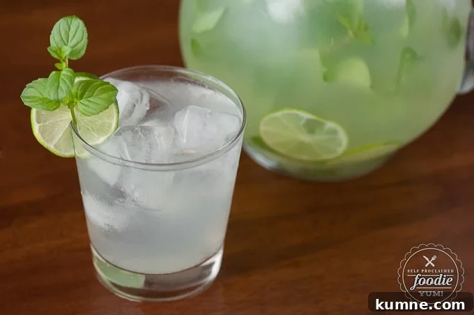 glass of ice water with lime and mint