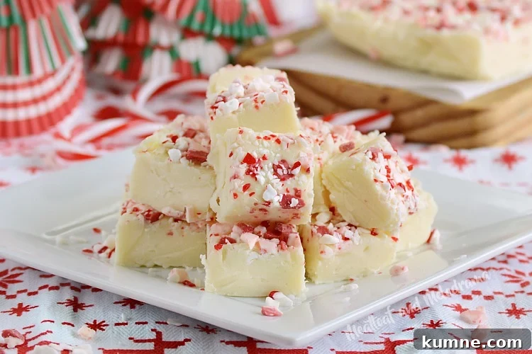 white chocolate peppermint fudge on white plate