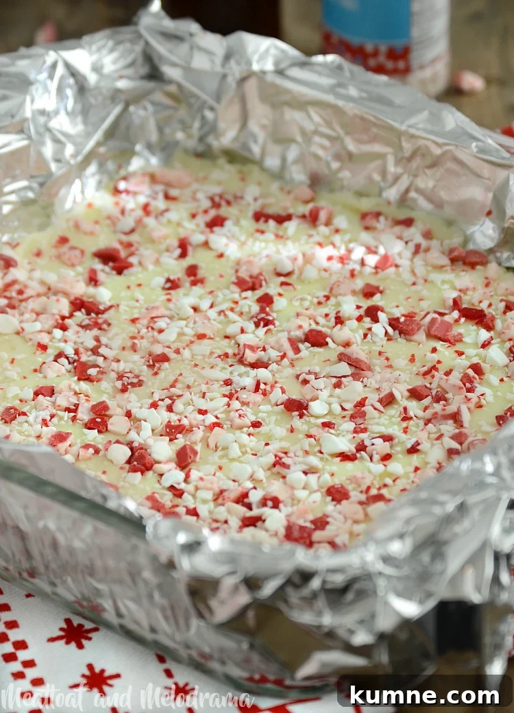 white chocolate peppermint fudge in square pan