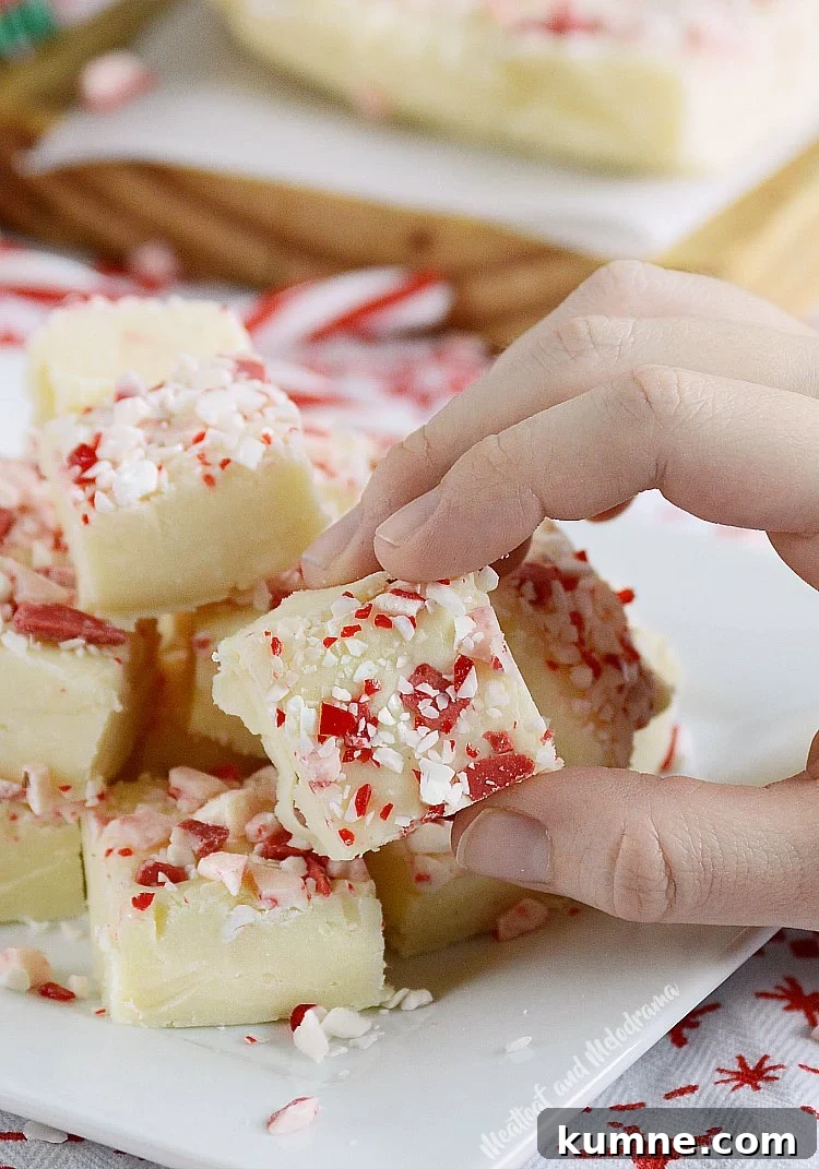white chocolate peppermint fudge in hands