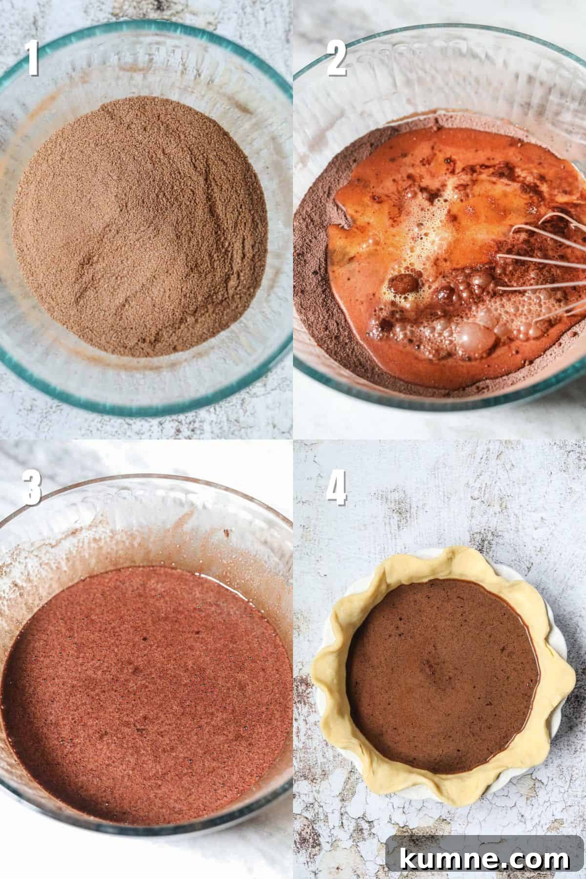 Step by step images for making chocolate chess pie.