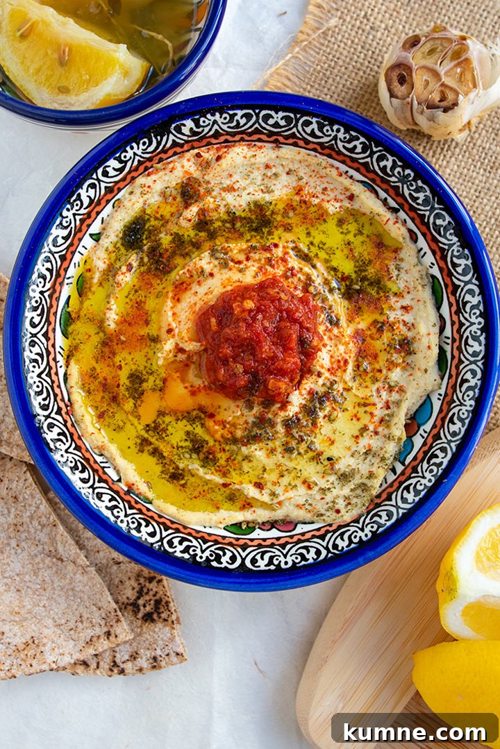 bowl of preserved lemon hummus with roasted garlic, preserved lemons, fresh lemons and pita 