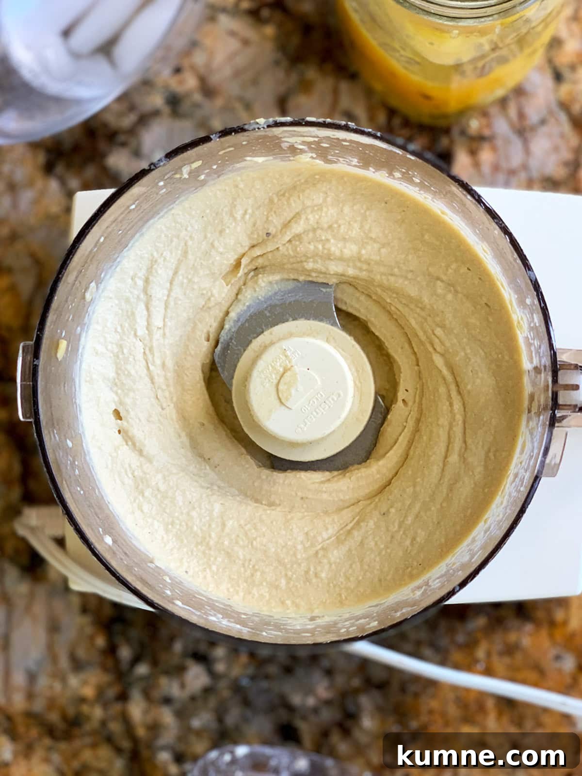 Hummus fully processed in food processor and ready to serve.