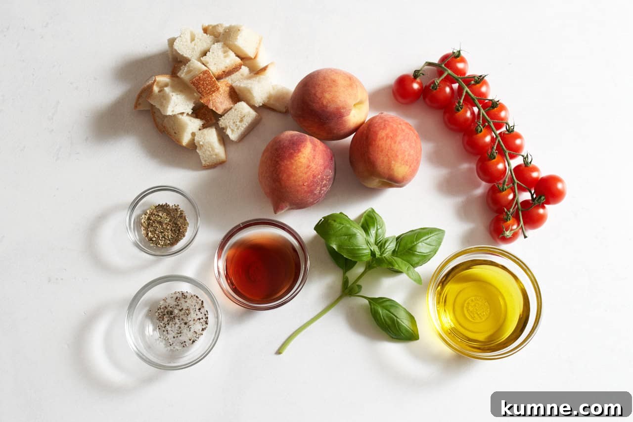 Three peaches, cherry tomatoes on a vine, a sprig of basil, some cubed bread, and small bowls of olive oil, red wine vinegar, oreganon, and salt and pepper.