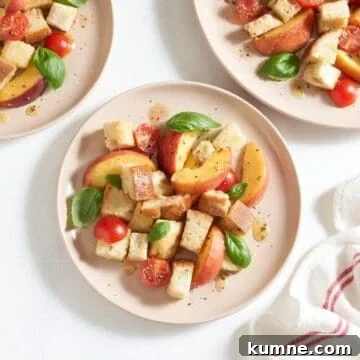 Three pink plates of peach panzanella salad topped with fresh basil leaves.