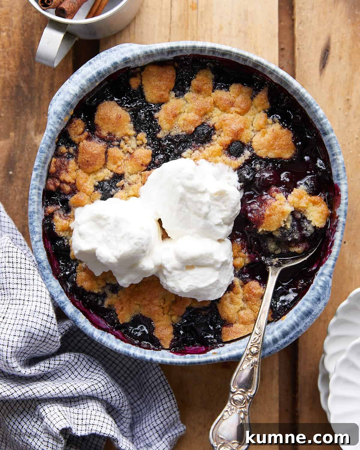 Overhead image of air fryer blueberry cobbler.