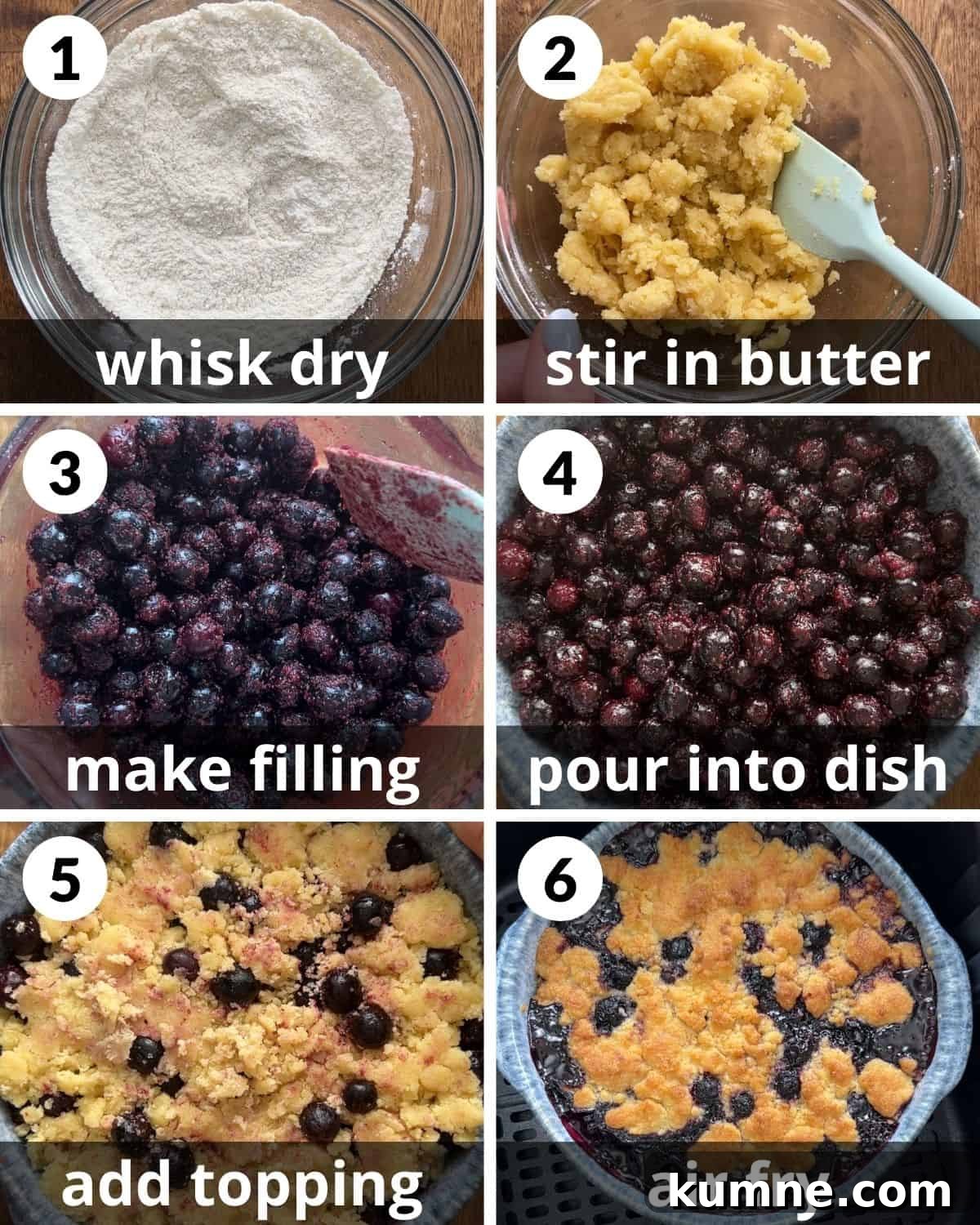 A 6 photo collage showing the assembly of air fryer blueberry cobbler.
